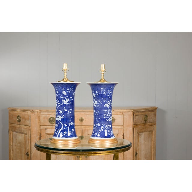 Ceramic Mid 20th Century Mid Century Modern Porcelain Blue and White Table Lamps with Blooming Trees, a Pair For Sale - Image 7 of 12