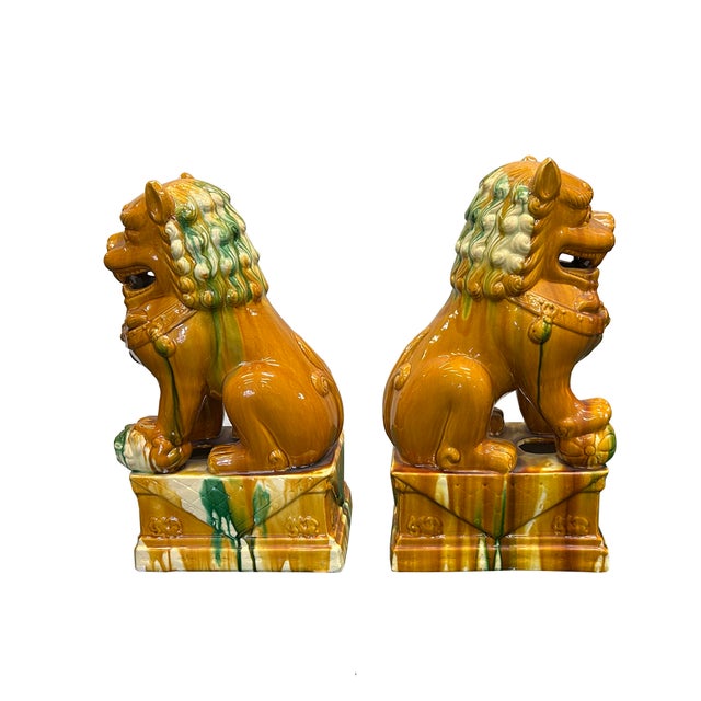 Pair Chinese Tri-Color Mustard Yellow Glaze Fengshui Lions Foo Dogs For Sale - Image 4 of 15
