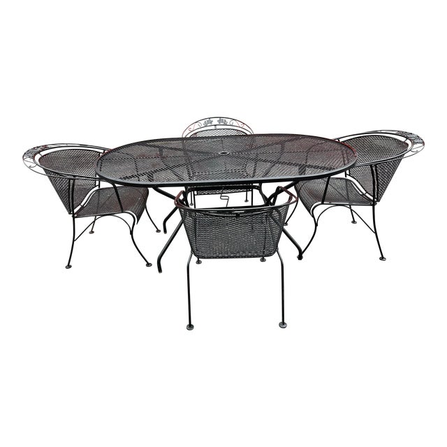 1960s Wrought Iron Patio Set Table and 4 Barrel Chairs For Sale