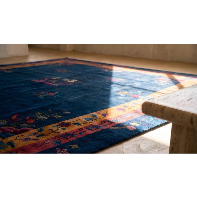 Textile 1920s Blue Navy Floral Modern Antique Chinese Art Deco Rug 8'2" X 9'6" Handknotted Wool Carpet For Sale - Image 7 of 8