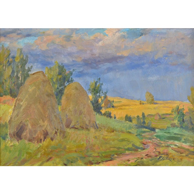 Green Arnolds Pankoks, Landscape with Hay Stacks, 1950s, Oil on Cardboard, Framed For Sale - Image 8 of 9