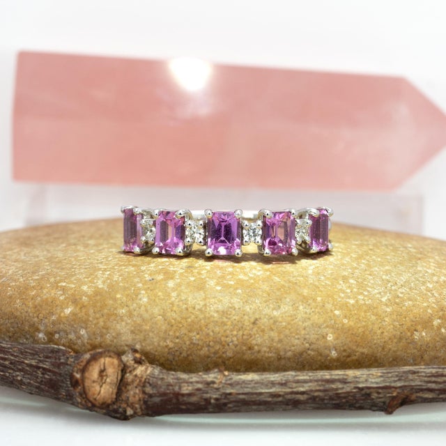 2020s Pink Sapphire Band Ring With Natural Diamonds Accents: Solid 14k Gold, Size 6.75 For Sale - Image 5 of 9