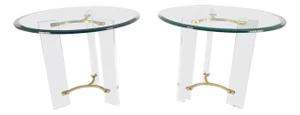 Pair of Glass Top Lucite & Brass Bases End Side Occasional Tables Stands MINT!