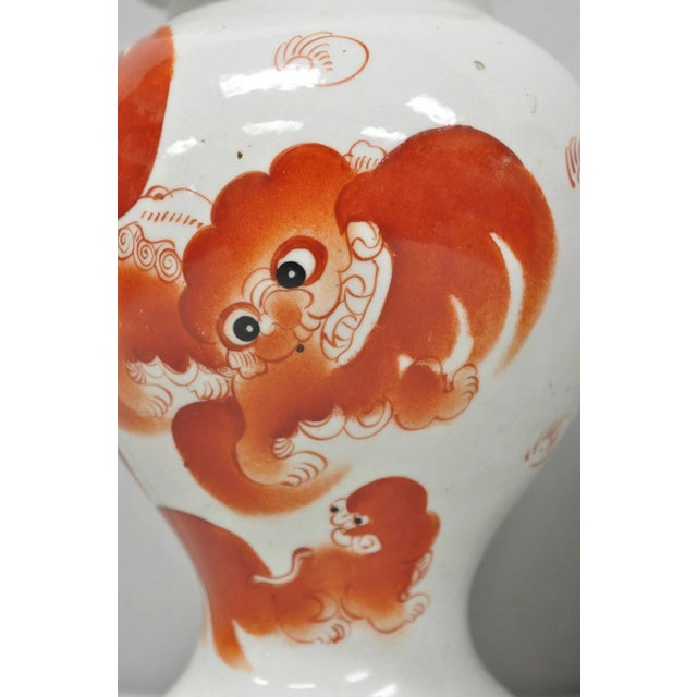 Vintage Chinese Hand Painted Foo Dog Porcelain Covered Ginger Jar - A Pair For Sale - Image 4 of 17