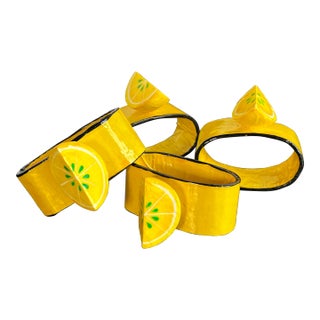 Vintage 1970's Papier Mache Lemon Yellow Napkin Rings - Set of 4 For Sale