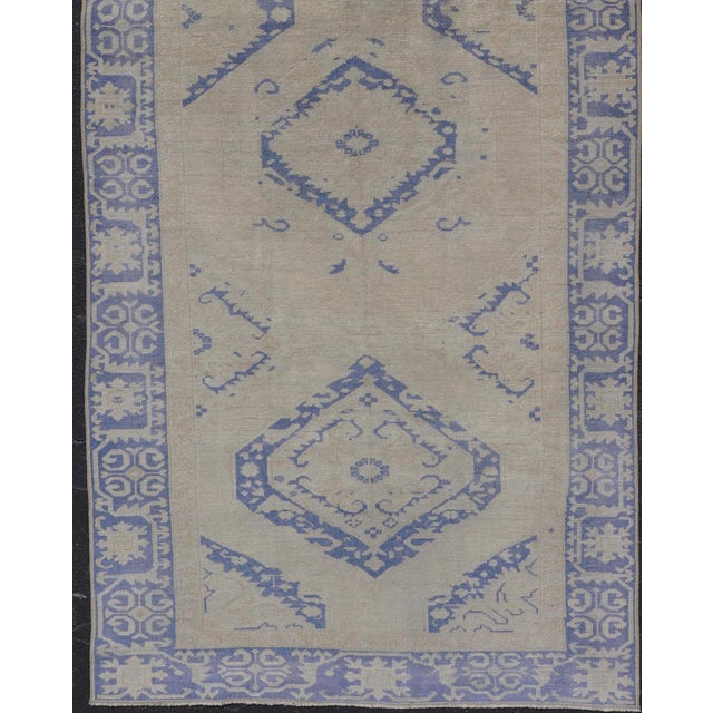 Turkish Oushak Gallery Rug in Blue and Cream With Geometric Design 4'6 X 12'6 For Sale - Image 4 of 12