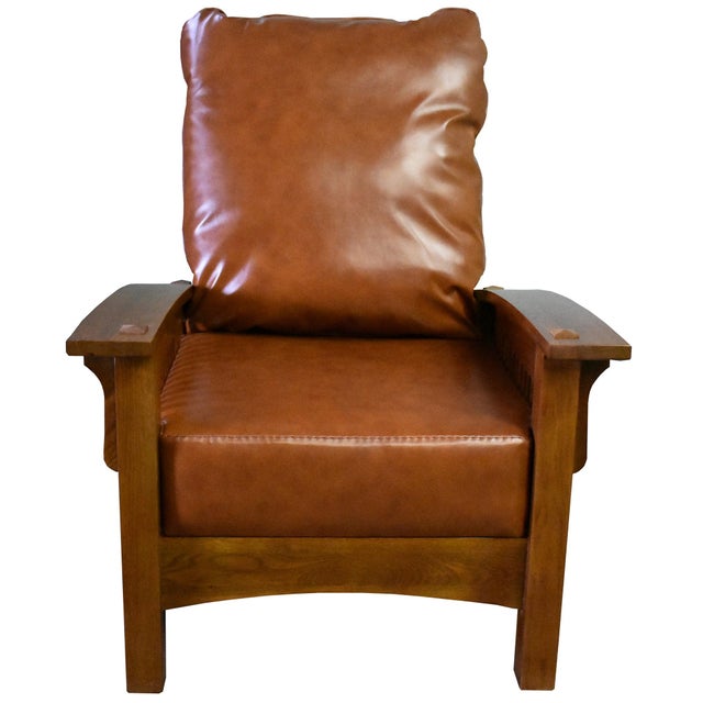 Craftsman-Mission Morris Arm Chair & Ottoman Set-Russet Brown Leather For Sale - Image 4 of 10