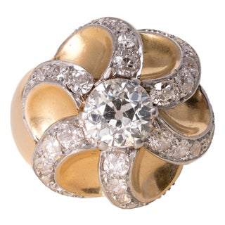 Vintage Retro 15k Gold 1.65ct Old European Cut Swirl Chunky Ring, Size 6 For Sale