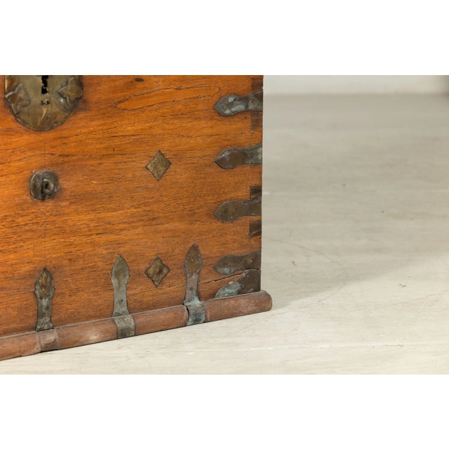 Antique Wood Trunk with Ornamental Metalwork and Brass Hardware For Sale - Image 9 of 12