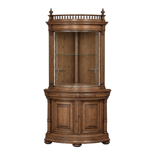 19th Century French Henri II Neoclassical Corner Vitrine With Curved Glass Door For Sale