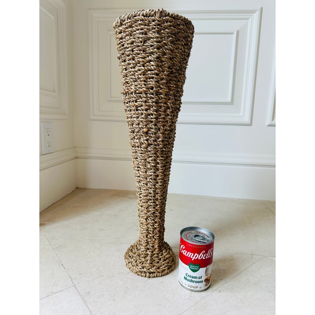 French Vintage Woven Braided Natural Rattan & Seagrass 19.5” Vase For Sale - Image 3 of 14