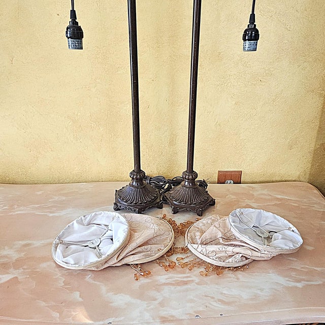 Vintage Bridge Arm Table Lamps With Beaded Shades - Pair For Sale - Image 12 of 18