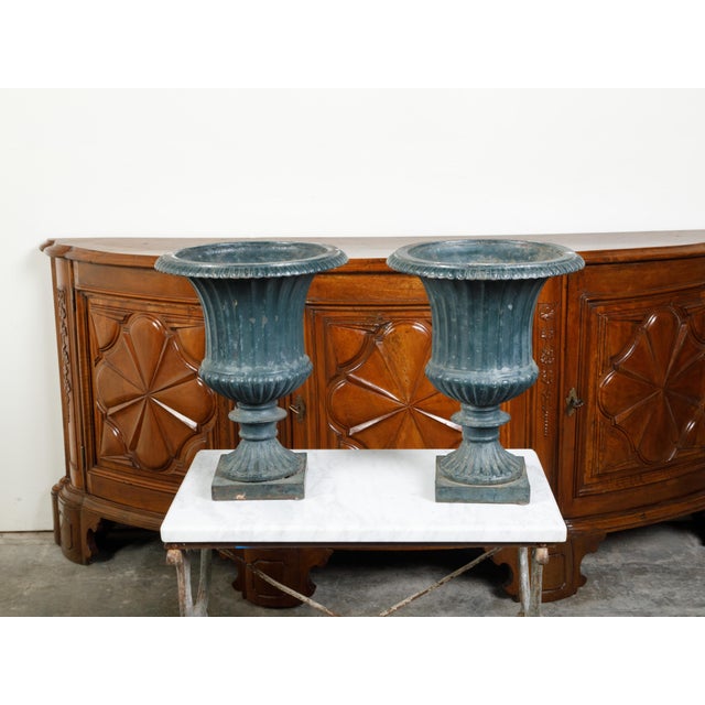 Pair of 19th Century English Medici Urn Planters on Petite Square Bases For Sale - Image 9 of 9