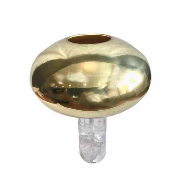 Functional sculpture that’s stunning from every angle. Fractal resin body, crystal coated, polished brass orb shade....