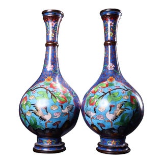 Pair of Vintage Chinese Cloisonné "Crane & Peach" Long Neck Vases - 42cm For Sale
