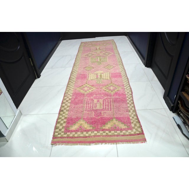 Turkish Vintage Pink Color Corridor Handmade Wool Runner For Sale - Image 3 of 11