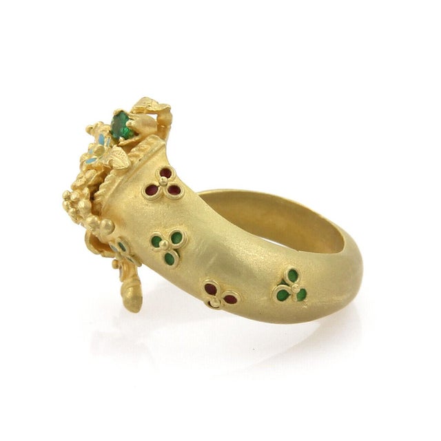 Contemporary Diamond Ruby Emerald 18k Yellow Gold Enamel Snake Bypass Ring - Size 7 For Sale - Image 3 of 6