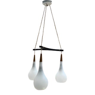 Scandinavian Pendant Teardrop Milk Glass & Teak Holm Sorensen Denmark Holmegaard For Sale