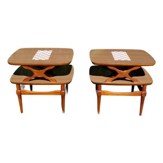 Vintage Pair Reiss Mid Century Modern 2 Tier Tile Top Walnut Side Tables For Sale