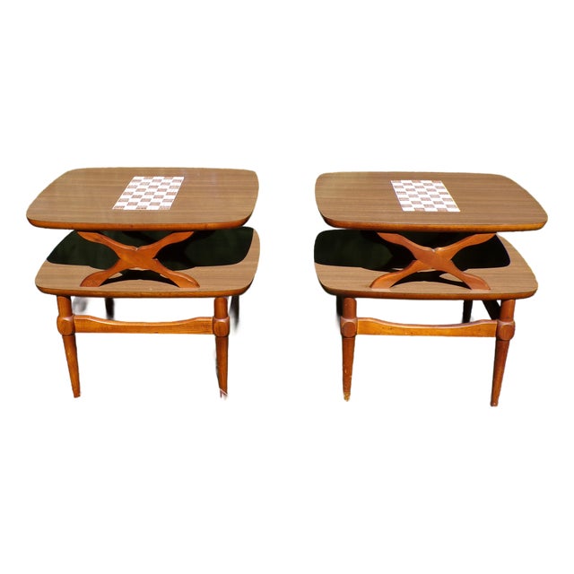Vintage Pair Reiss Mid Century Modern 2 Tier Tile Top Walnut Side Tables For Sale