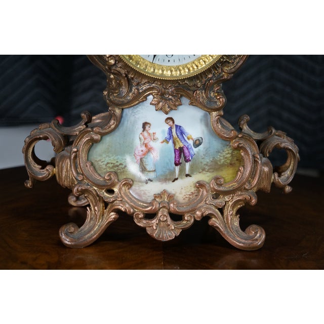 Antique French Louis XV Rococo Sèvres Style Hand Painted Porcelain Mantel Clock For Sale - Image 6 of 18