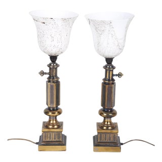 Mid-Century Table Lamps in Brass and Marble Glass, France, 1950s, Set of 2 For Sale