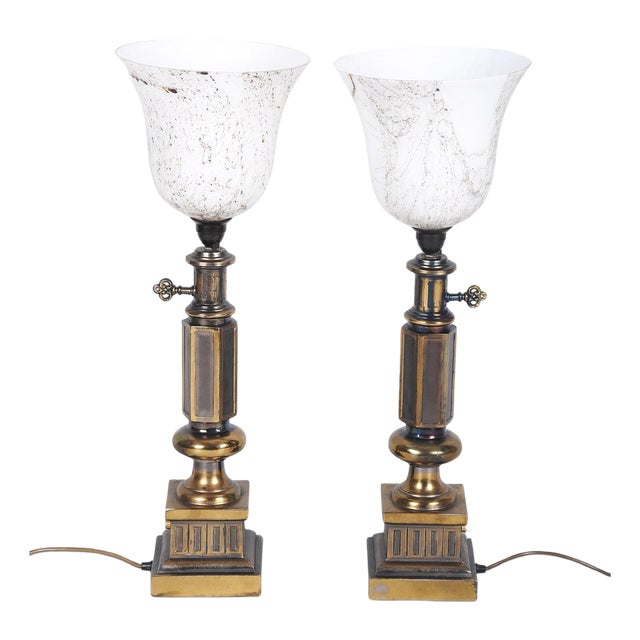 Mid-Century Table Lamps in Brass and Marble Glass, France, 1950s, Set of 2 For Sale