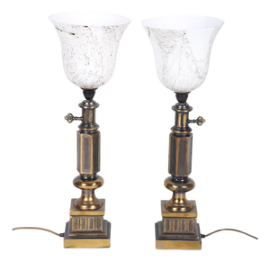 Mid-Century Table Lamps in Brass and Marble Glass, France, 1950s, Set of 2