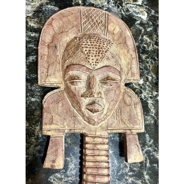 Mid 20th Century Pair of Hand-Carved, African, Wooden, Tribal Figures With Unique Faces, Headdresses, and Metal Ornamentation For Sale In South Bend - Image 6 of 11