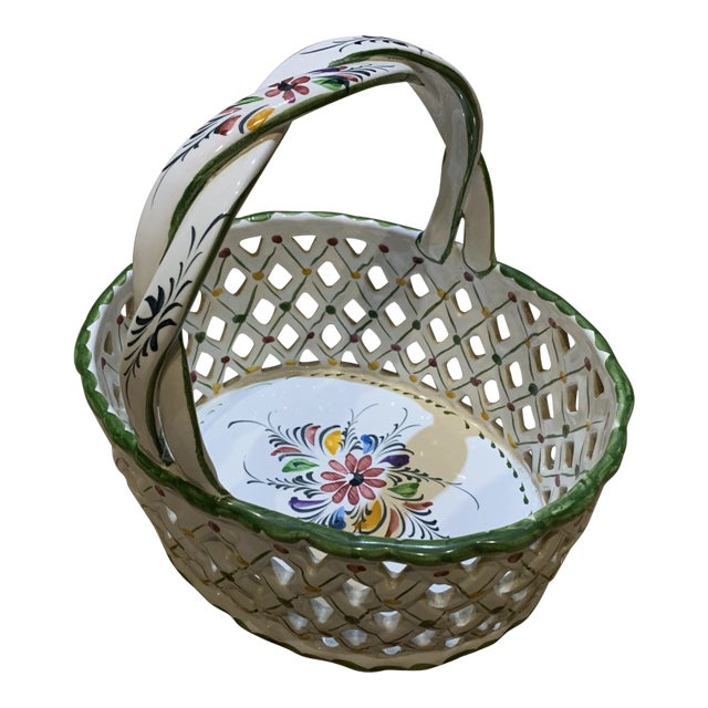 Vintage Ceramic Braided Floral Painted Basket For Sale
