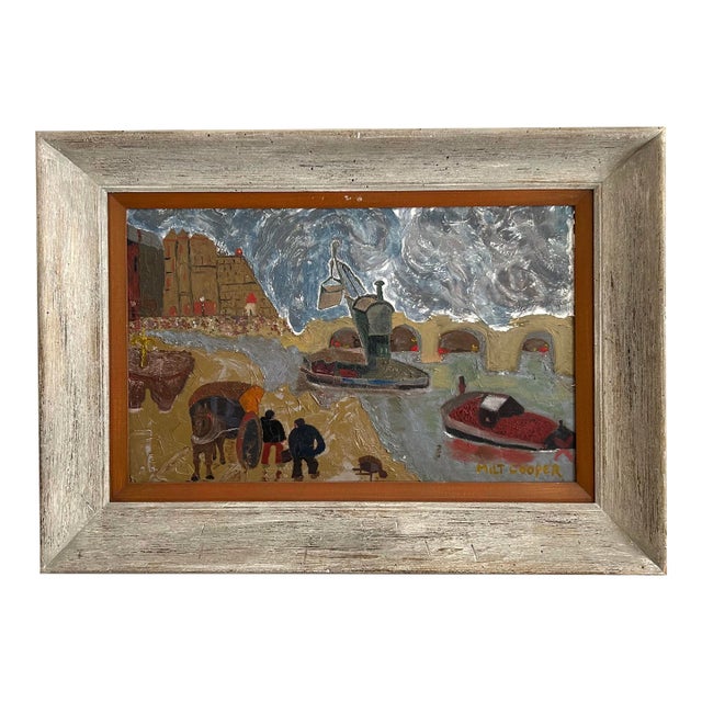 1960s "Digging" Abstract Figurative Oil Painting on Board by Milt Cooper, Framed For Sale