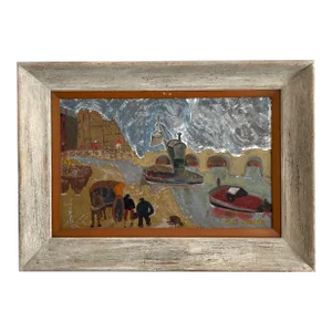 1960s "Digging" Abstract Figurative Oil Painting on Board by Milt Cooper, Framed