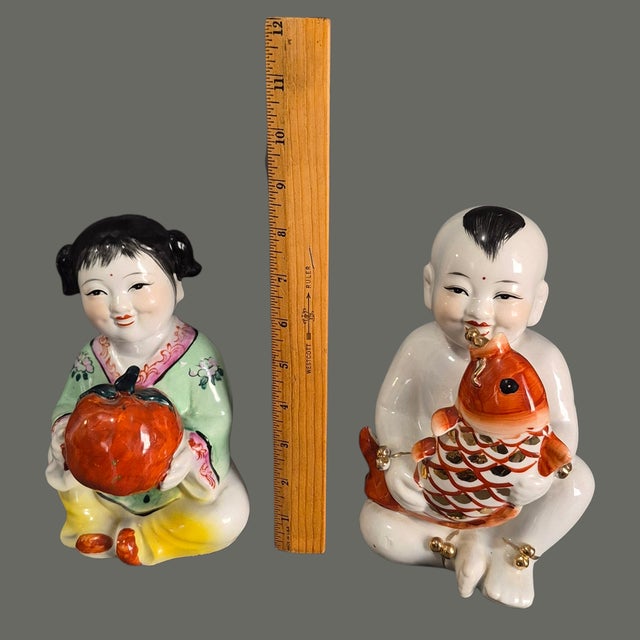Ceramic Vintage Pair Asian Hand Painted Porcelain Lucky Children Longevity Feng-Shui Figurines For Sale - Image 7 of 8