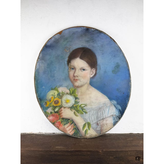 Oval Portrait of a Young Girl with Flowers, 1800s, Pastel Artwork For Sale - Image 18 of 18