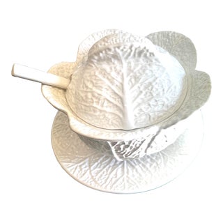 Vintage Portuguese White Majolica Cabbage Tureen With Ladle and Underplate- 3 Pieces For Sale