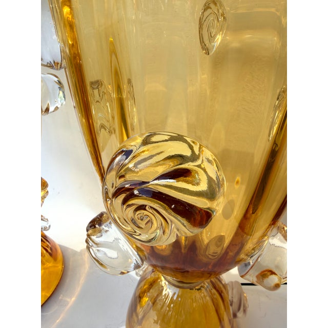 Pair of table or bedside vase Macaroons lamps in massive yellow amber Murano glass. Contemporary work from a small italian...
