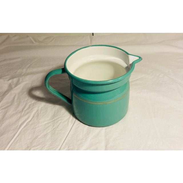 Vintage enamelware pitcher large handle & spout multi gold stripes to body white interior