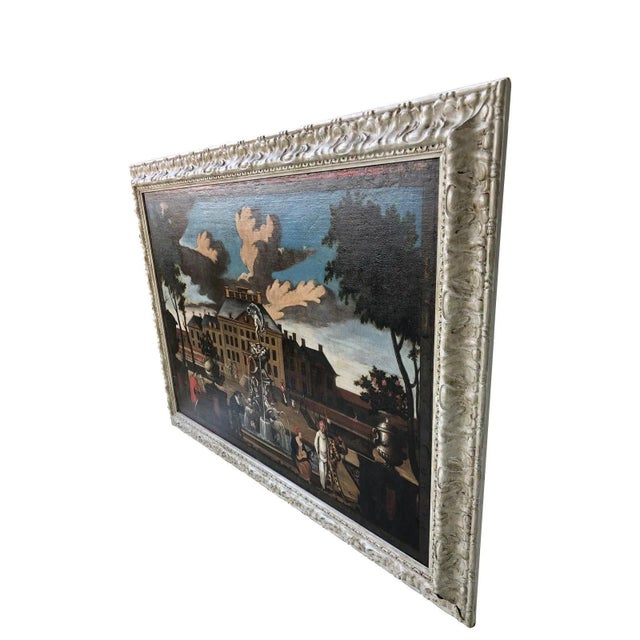 Blue Mid 17th Century "Palace Courtyard" Dutch School Oil Painting, Framed For Sale - Image 8 of 11