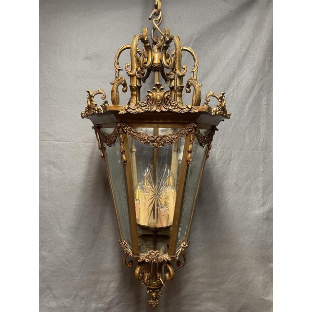 Large French Gilded Bronze Hall Lantern with Beveled Star-Cut Glass For Sale - Image 6 of 6