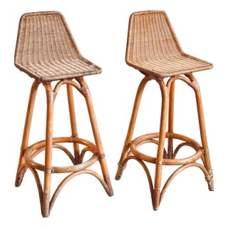 Vintage Rattan and Bamboo Bar Stools by Dirk van Sliedgert, 1950s, Set of 2 For Sale