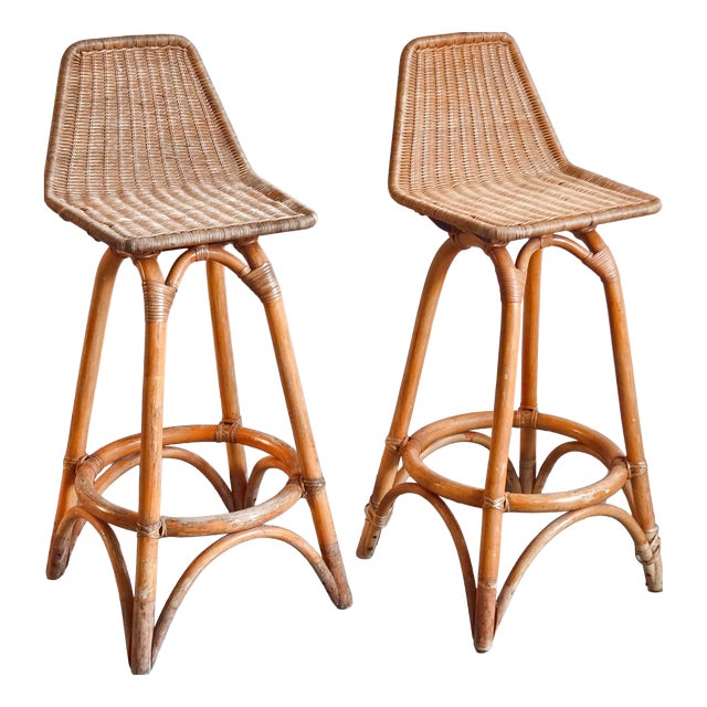 Vintage Rattan and Bamboo Bar Stools by Dirk van Sliedgert, 1950s, Set of 2 For Sale