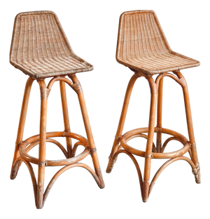 Vintage Rattan and Bamboo Bar Stools by Dirk van Sliedgert, 1950s, Set of 2