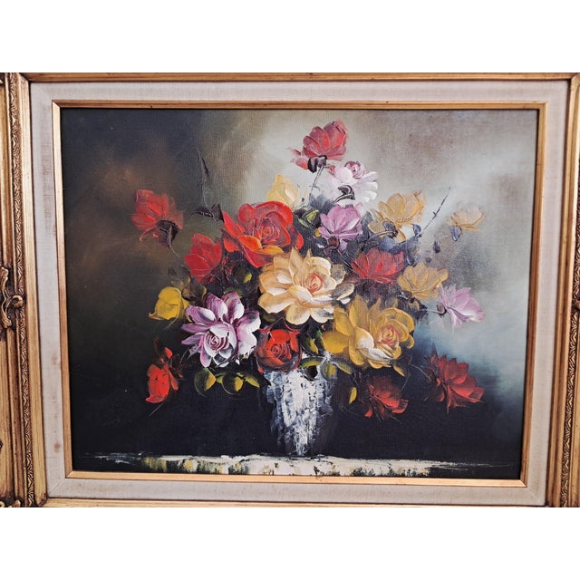 Vintage Floral Oil Painting on Canvas with Ornate Gilt Frame Flowers, Circa 1980 For Sale - Image 10 of 18