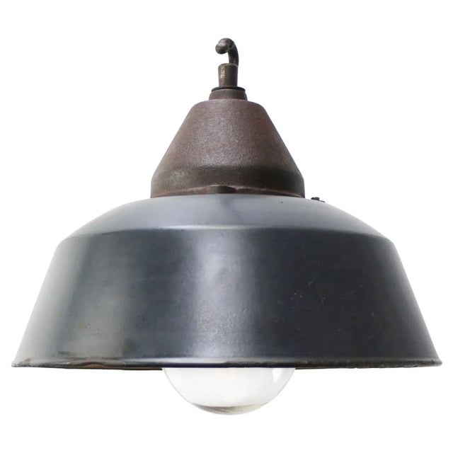 Blue Vintage Industrial Blue Enamel and Cast Iron Pendant Lamp For Sale - Image 8 of 8