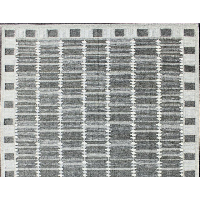 Measures: 9'6 x 11'10. Modern Scandinavian flat-weave rug with geometric design in gray and creams, Keivan Woven Arts rug...