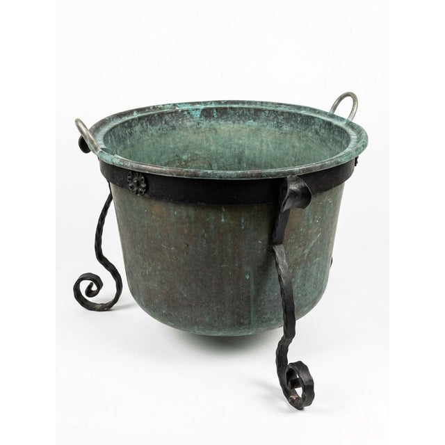 Industrial 1980s Hand-Hammered Copper Planter on Wrought Iron Stand For Sale - Image 3 of 10