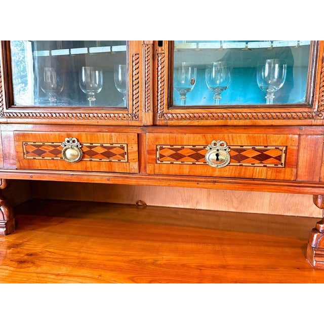 Wood 18th Century Inlaid and Carved Cherrywood Vitrine Buffet, 1790s, Set of 2 For Sale - Image 7 of 18