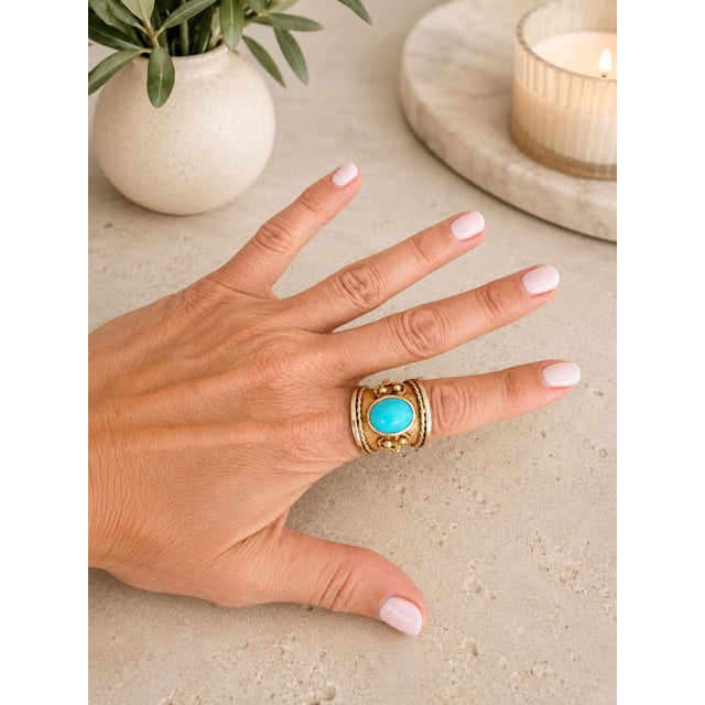 Vintage Italian 18k Gold Turquoise Etruscan Revival Statement Ring, Size 8.5 For Sale - Image 10 of 10