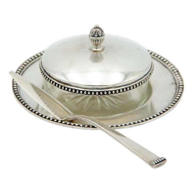 Silver Butter Dish with Glass Core and Small Plate, Set of 2 For Sale