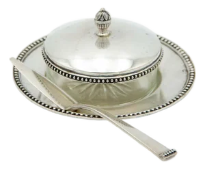 Silver Butter Dish with Glass Core and Small Plate, Set of 2